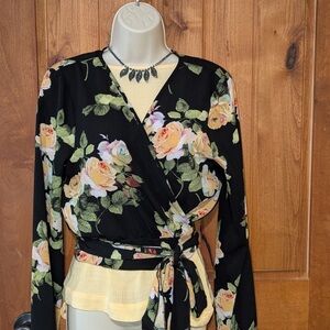 Floral Wrap Blouse - Black and Yellow